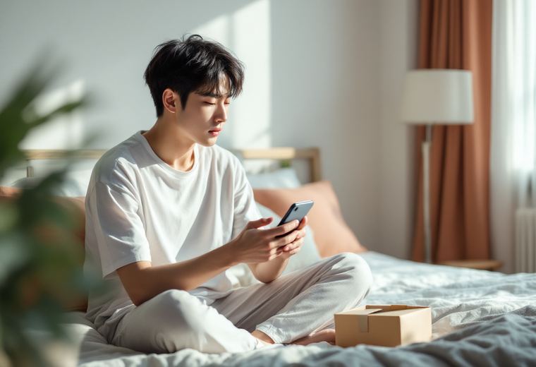 집에서 휴대폰을 옆에 두고 승인을 기다리는 모습